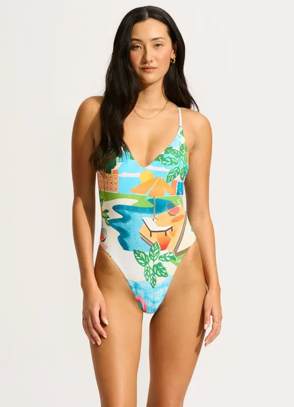 Sunset V Neck One Piece Swimsuit - Turquoise sold by Seafolly
