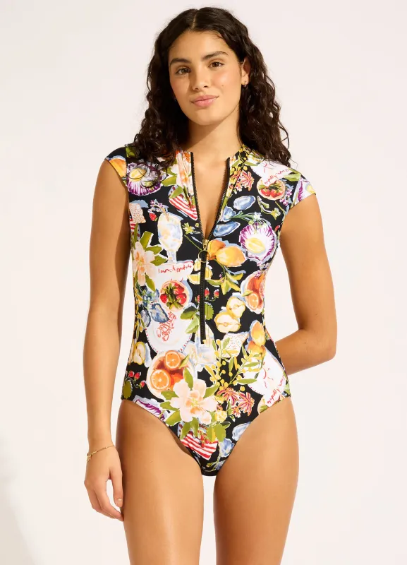 Riviera Coast Zip Front One Piece Swimsuit sold by Seafolly