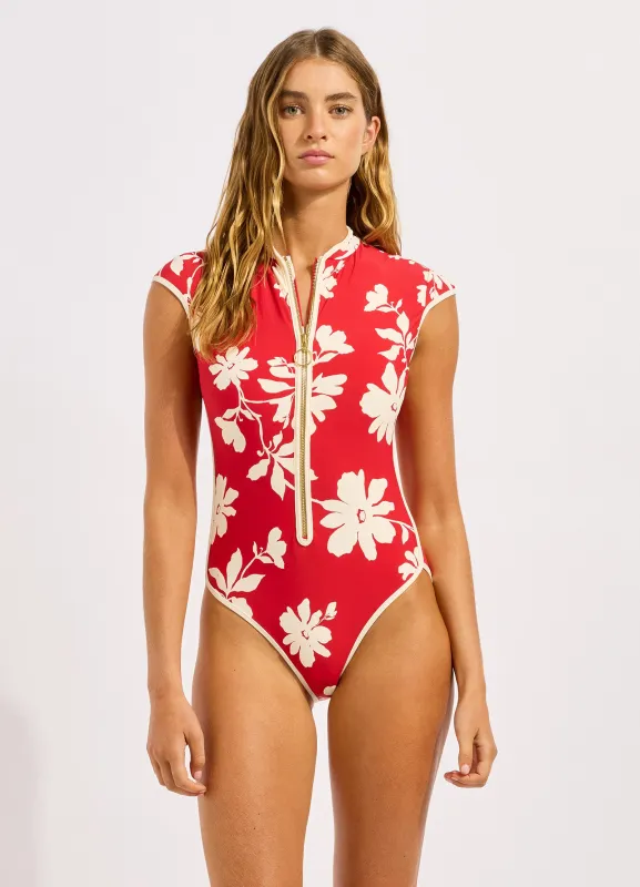 Mayflower Cap Sleeve Zip Front One Piece Swimsuit made by Seafolly