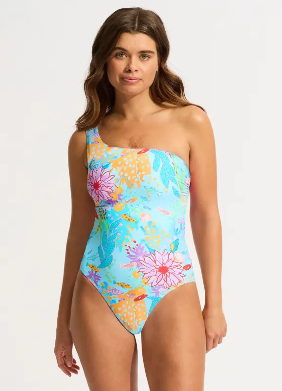 Under The Sea One Shoulder One Piece - Blue Mist sold by Seafolly