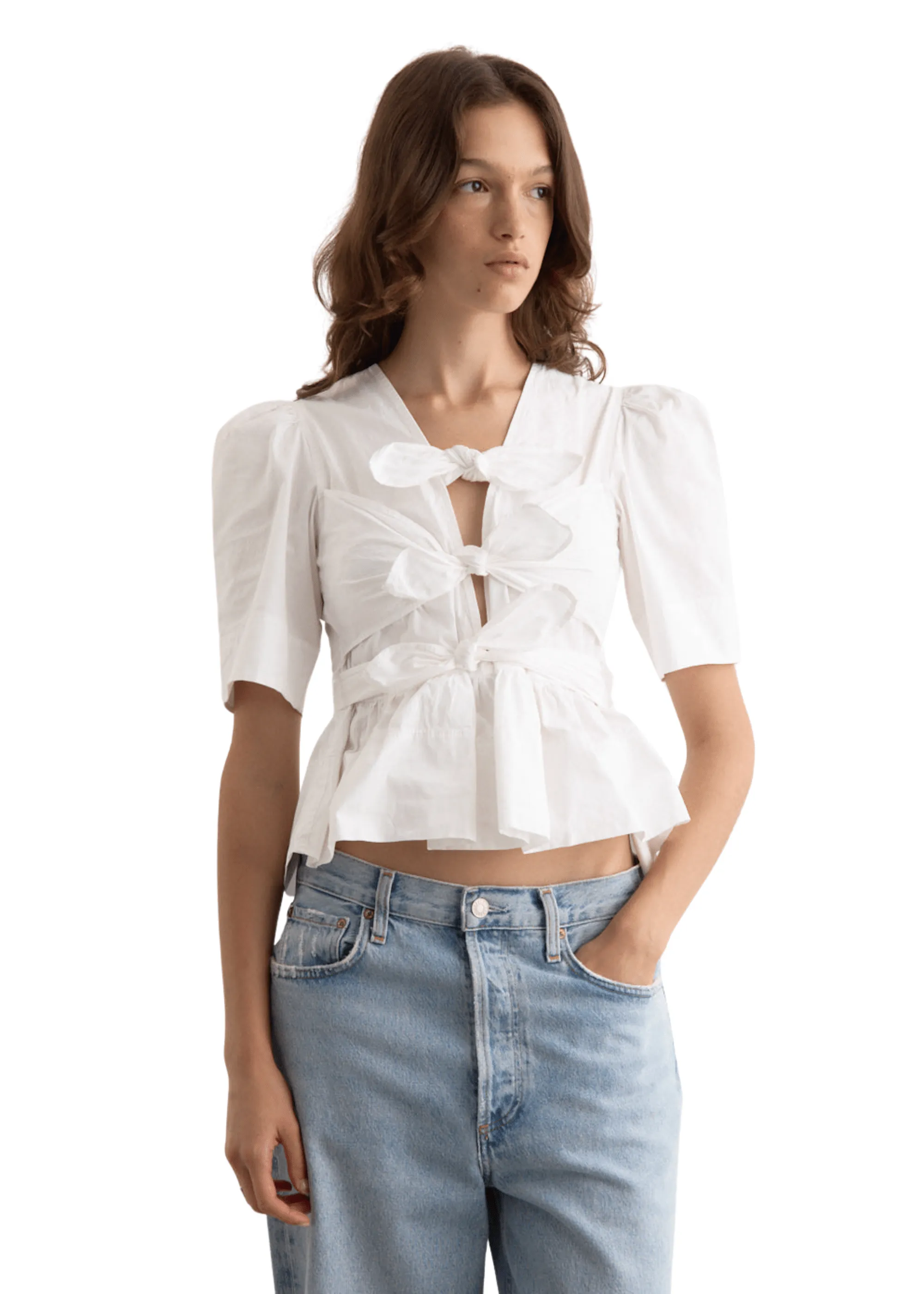 GANNI // Washed Stretch Cotton Tie Strap Blouse / Bright White sold by Seletti product image thumbnail 2