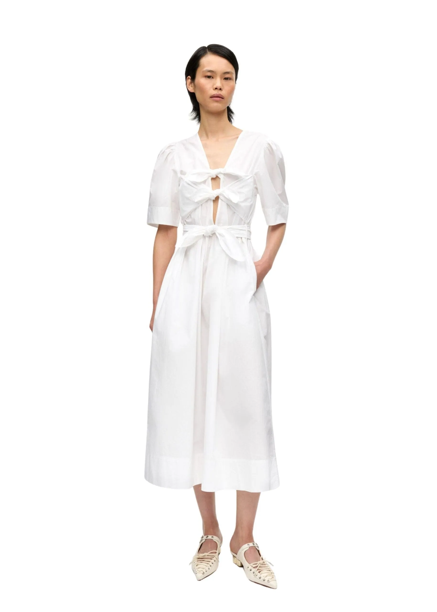 GANNI // Washed Stretch Cotton Tie Strap Midi Dress / Bright White sold by Seletti