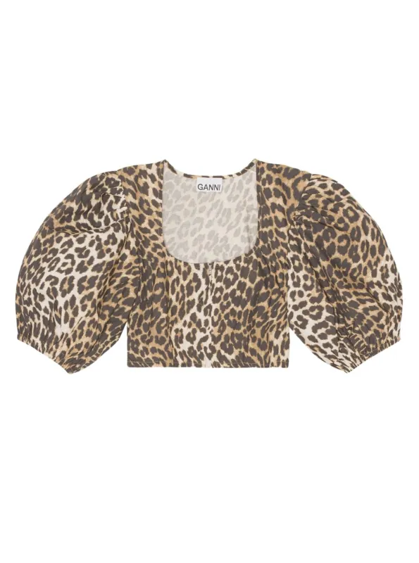 GANNI // Printed Cotton Cropped Zipper Blouse / Big Leopard Almond Milk sold by Seletti
