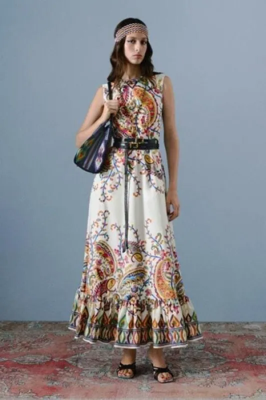 Etro // Maxi A-Line Dress With Belt / Print & White Base sold by Seletti