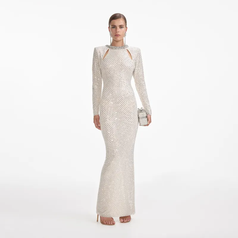 Cream Rhinestone Diamante Trim Maxi Dress made by Self-Portrait