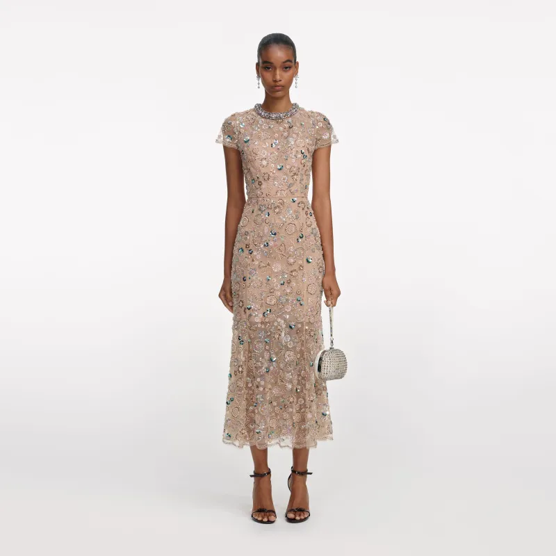 Champagne Sequin Embroidered Midi Dress made by Self-Portrait