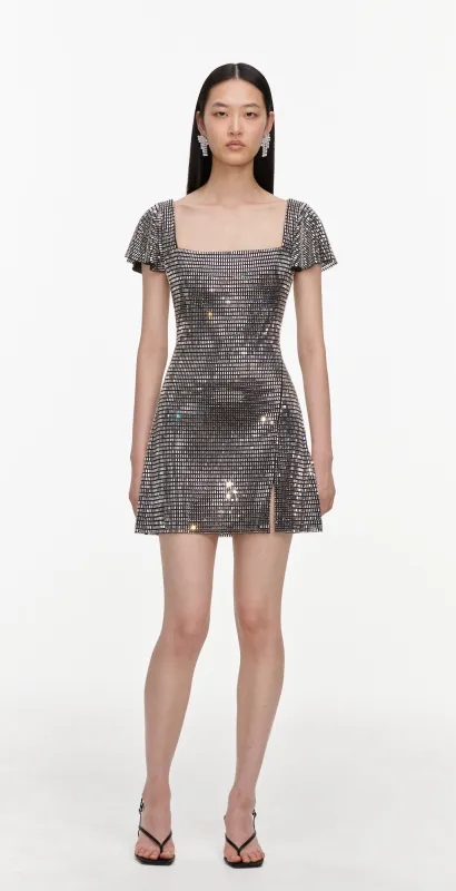 Grey Rhinestone Mesh Mini Dress made by Self-Portrait