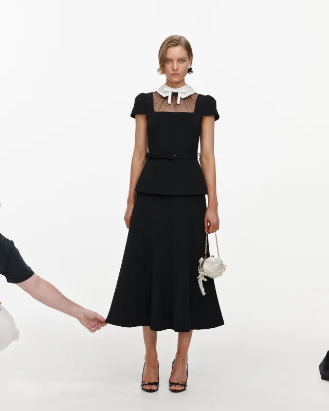 Black Crepe Bow Peplum Midi Dress made by Self-Portrait