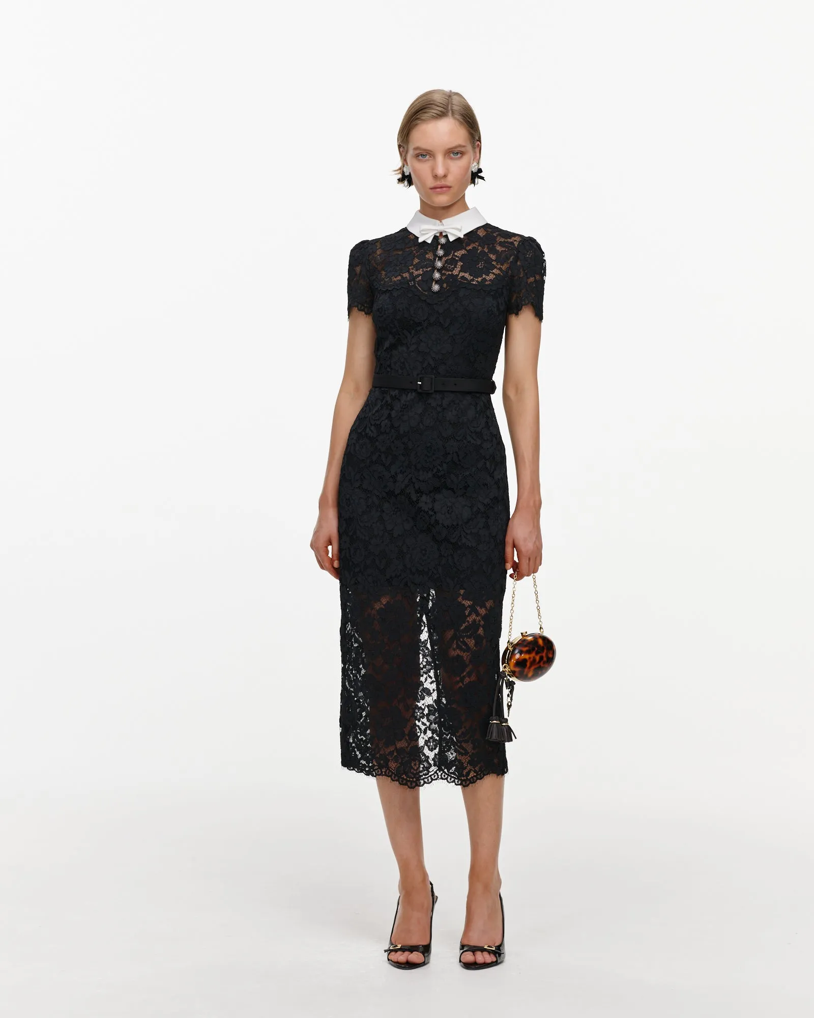 Black Lace Contrast Collar Midi Dress sold by Self-Portrait