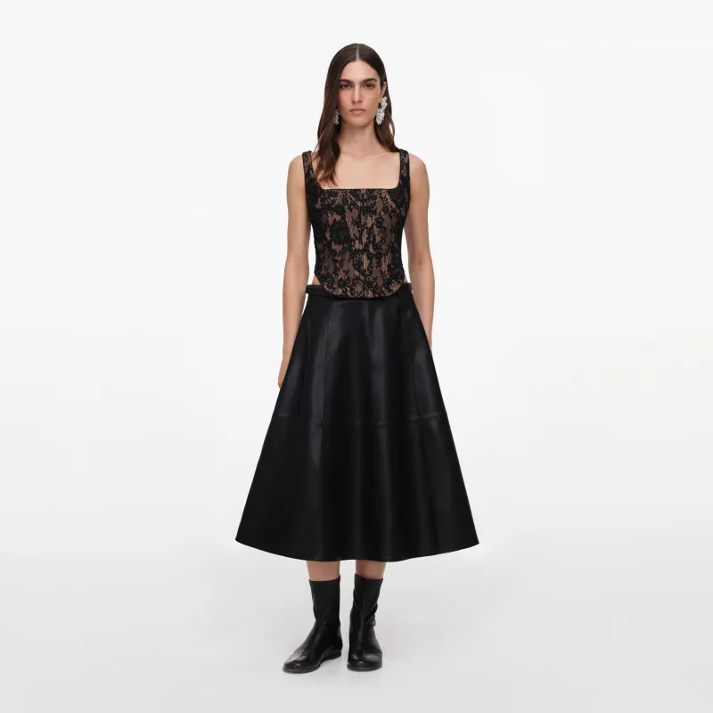 Black Faux Leather Midi Skirt made by Self-Portrait