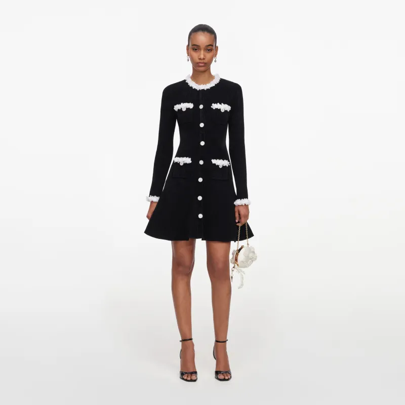 Black Chenille Knit Flower Trim Mini Dress made by Self-Portrait