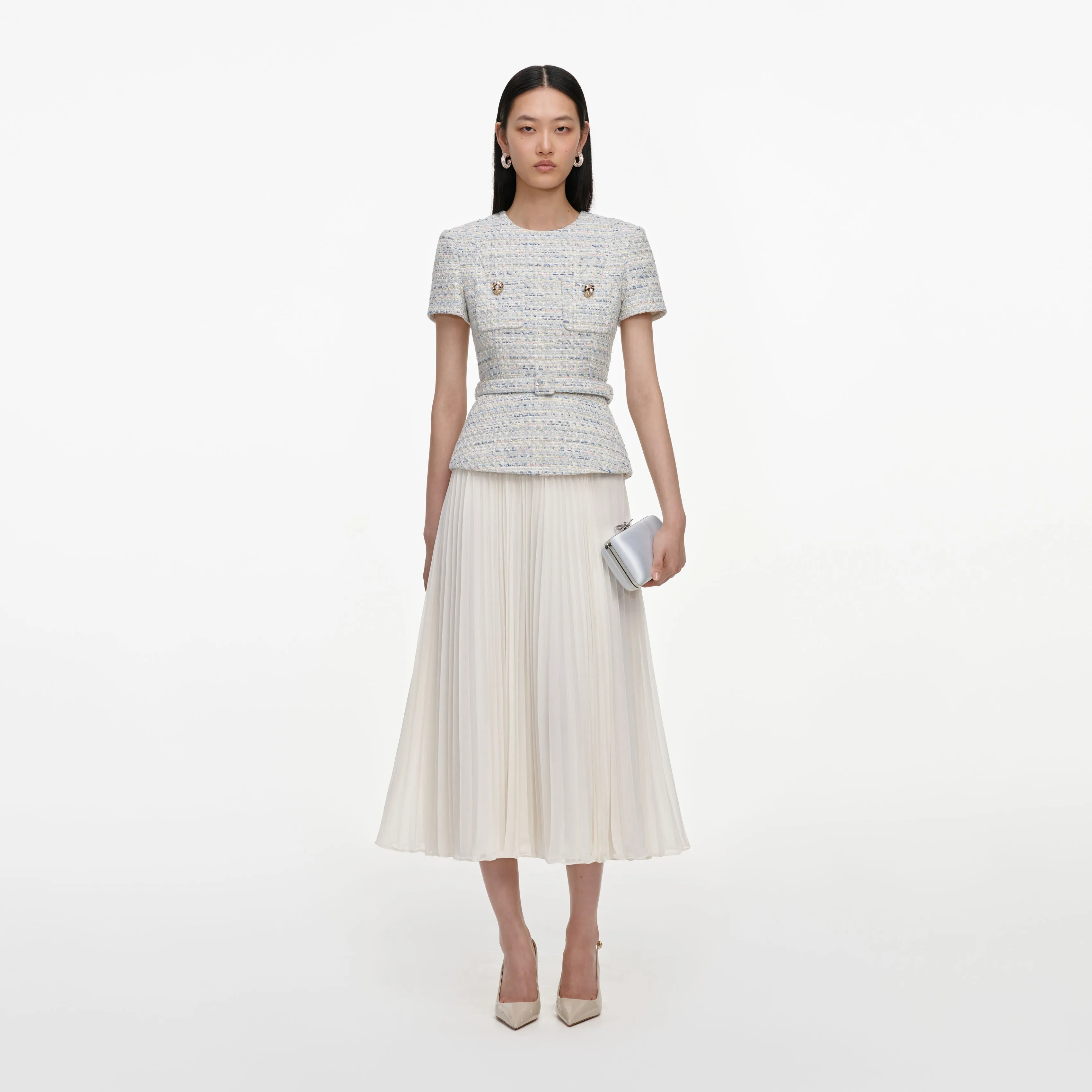 Blue Boucle Chiffon Midi Dress sold by Self-Portrait