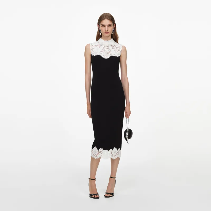 Black Contrast Lace Bodice Midi Dress made by Self-Portrait