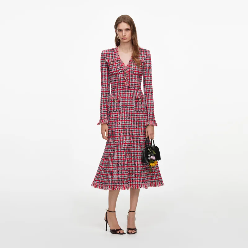 Red Check Frayed Knit Midi Dress made by Self-Portrait