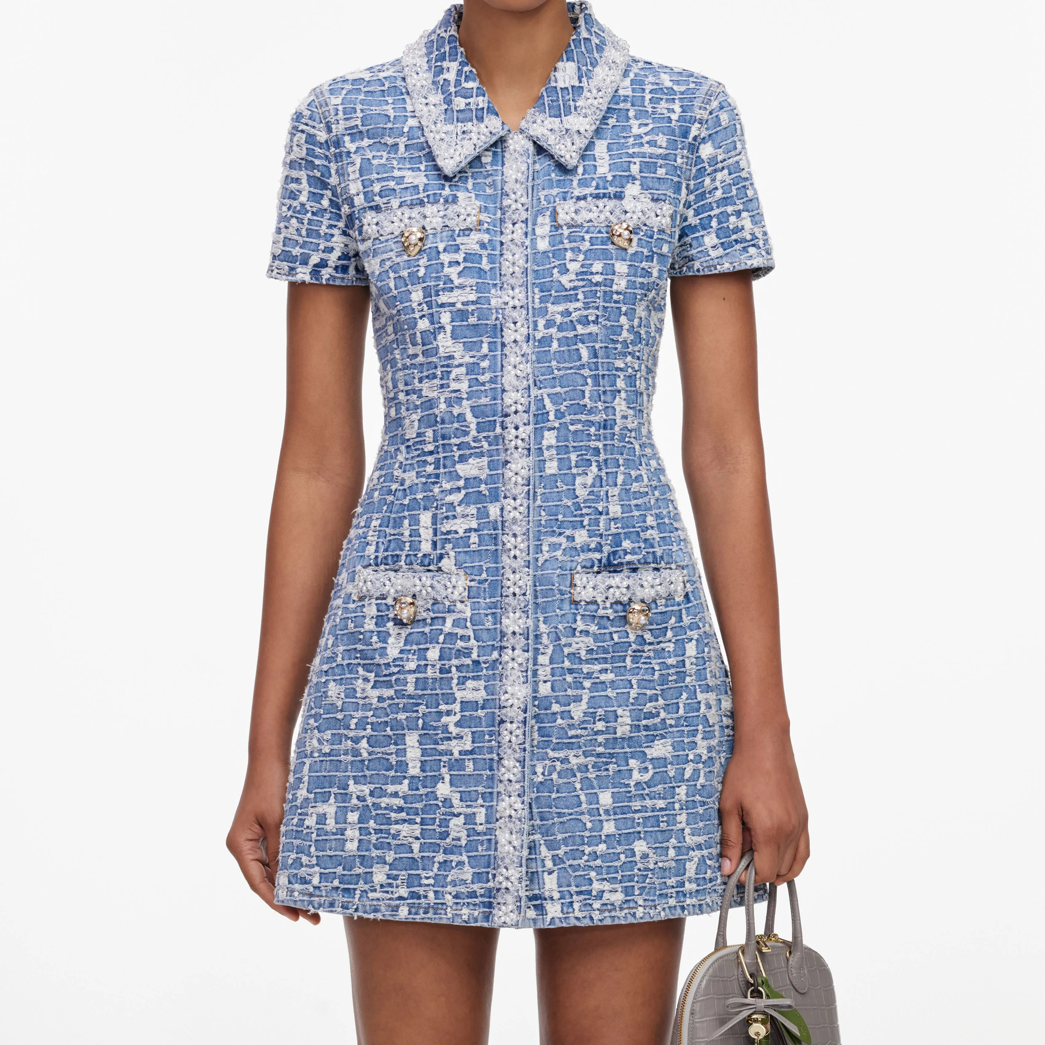 Blue Collared Textured Denim Mini Dress sold by Self-Portrait product image thumbnail 4