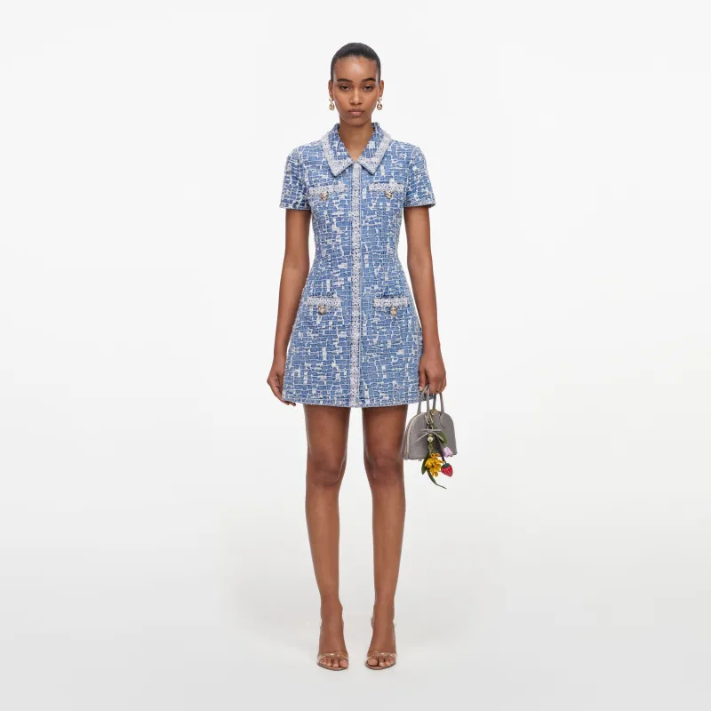Blue Collared Textured Denim Mini Dress made by Self-Portrait