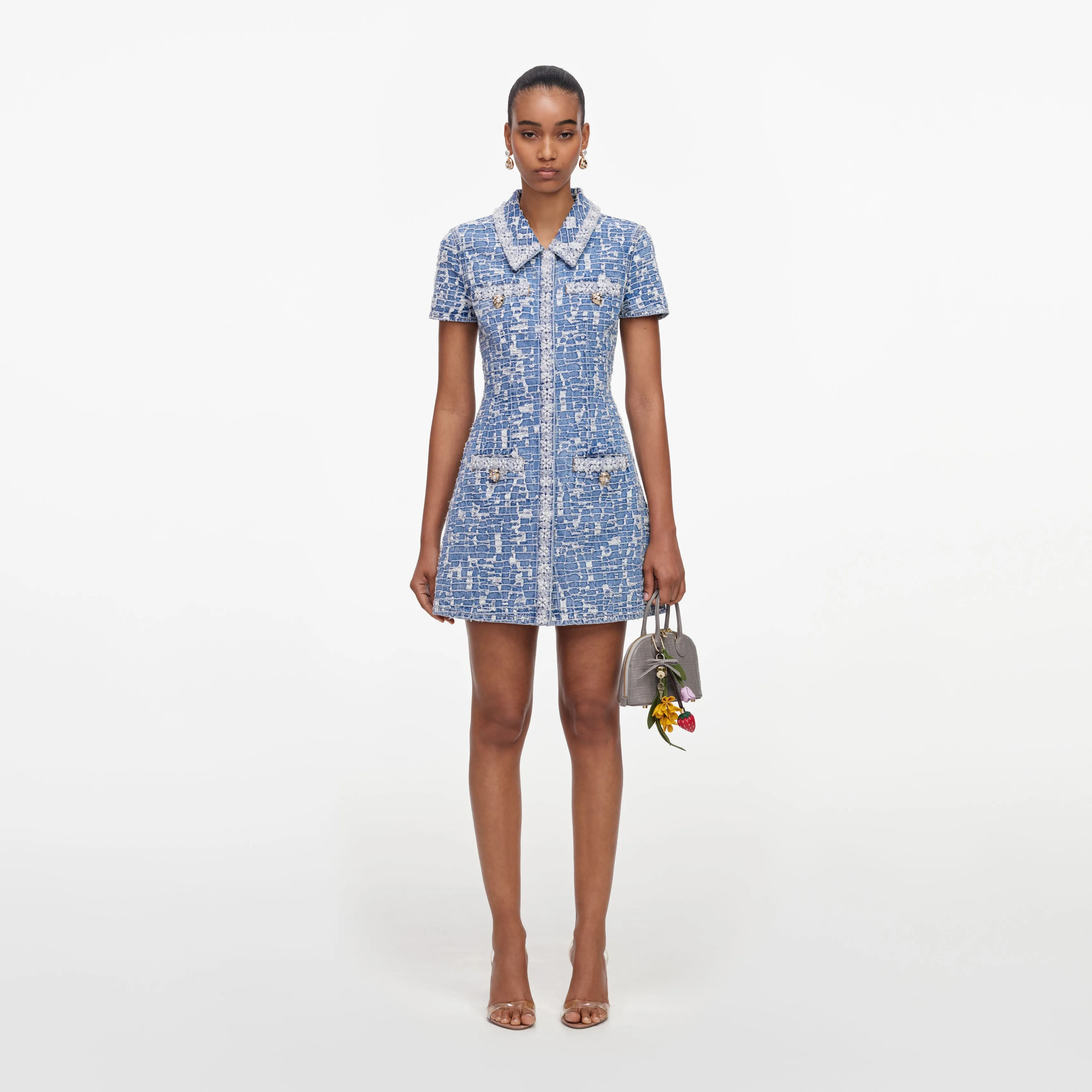 Blue Collared Textured Denim Mini Dress sold by Self-Portrait