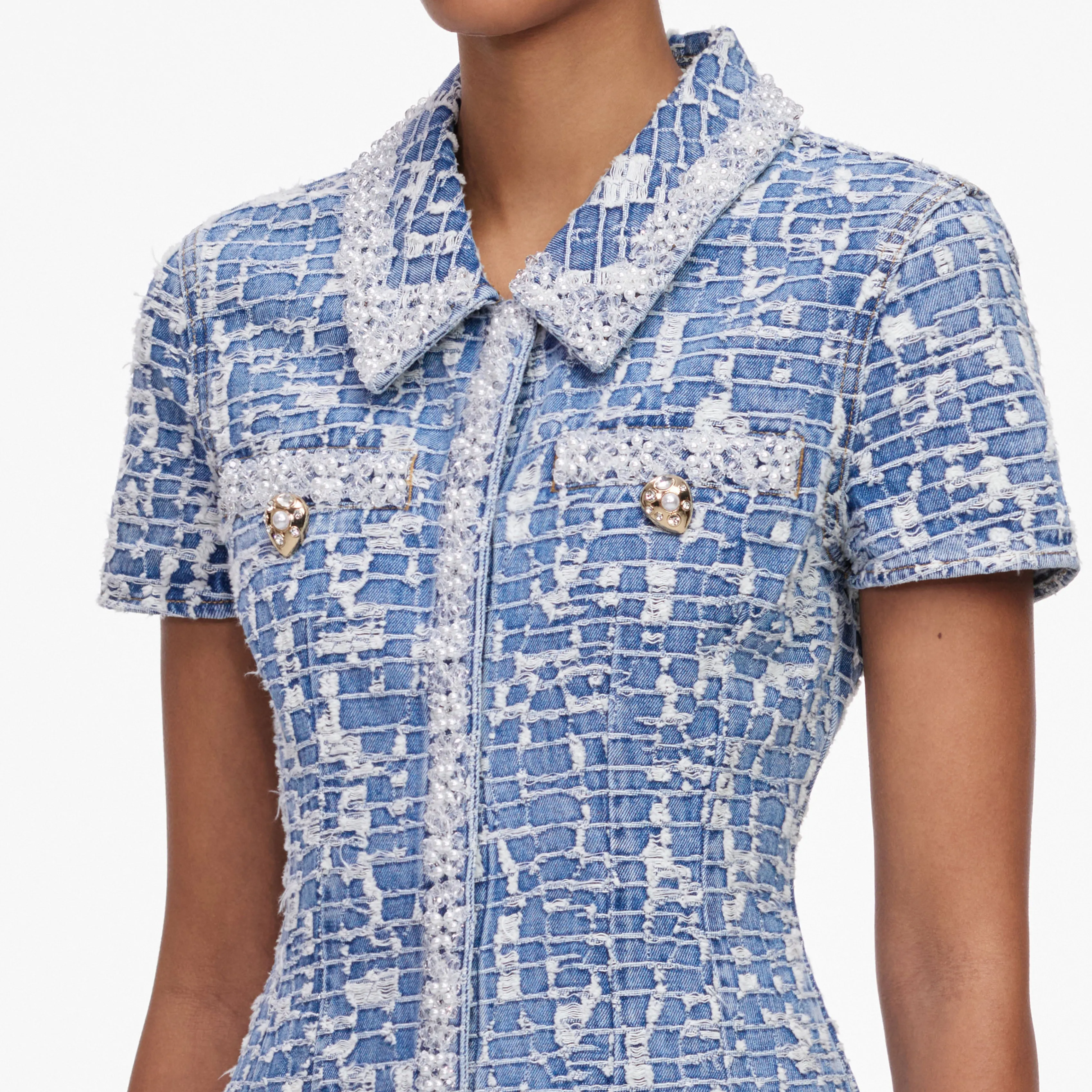 Blue Collared Textured Denim Mini Dress sold by Self-Portrait product image thumbnail 5