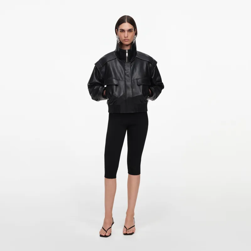 Black Faux Leather Bomber Jacket made by Self-Portrait