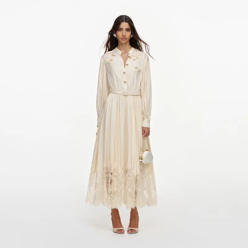 Yellow Viscose Lace Pleated Midi Dress made by Self-Portrait