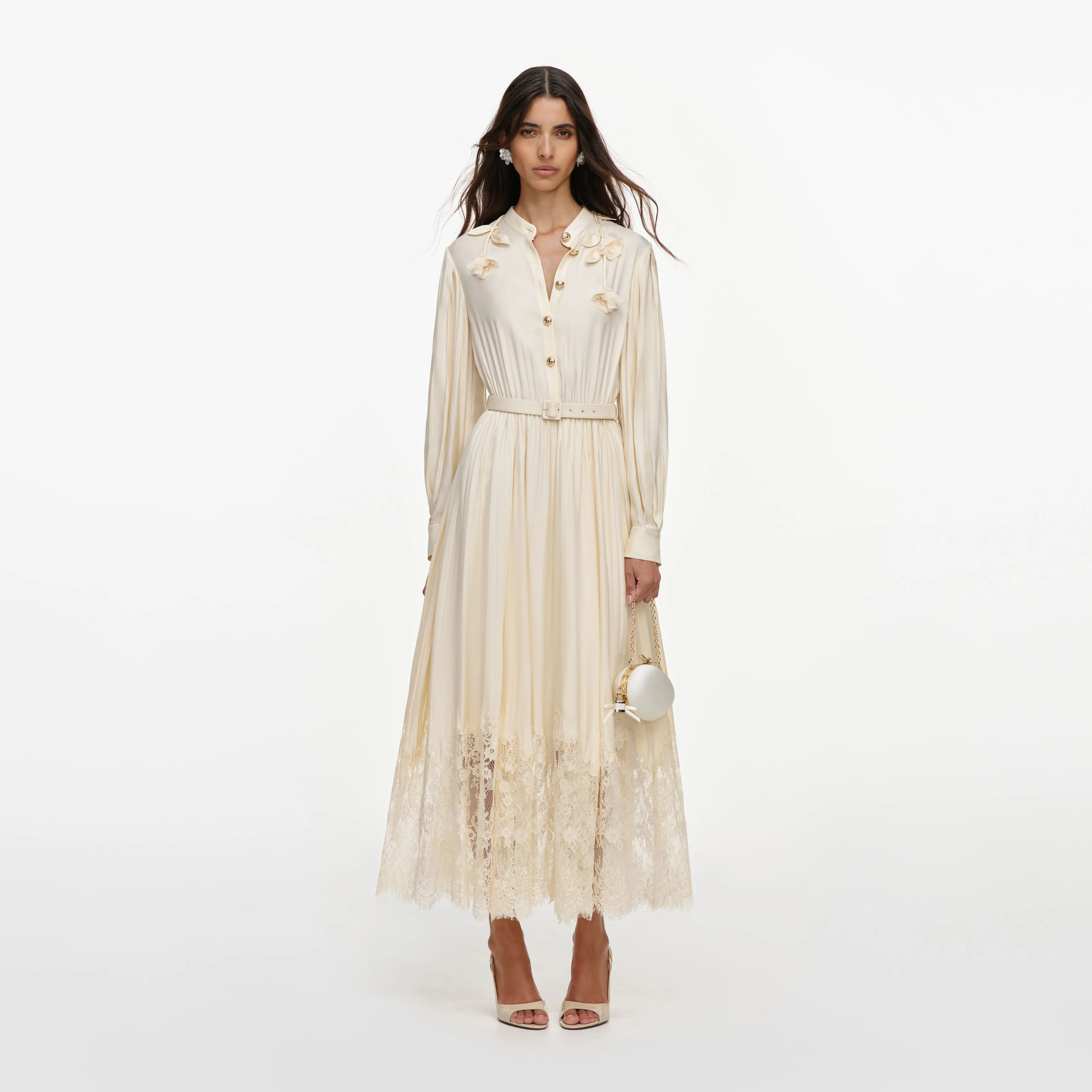 Yellow Viscose Lace Pleated Midi Dress sold by Self-Portrait