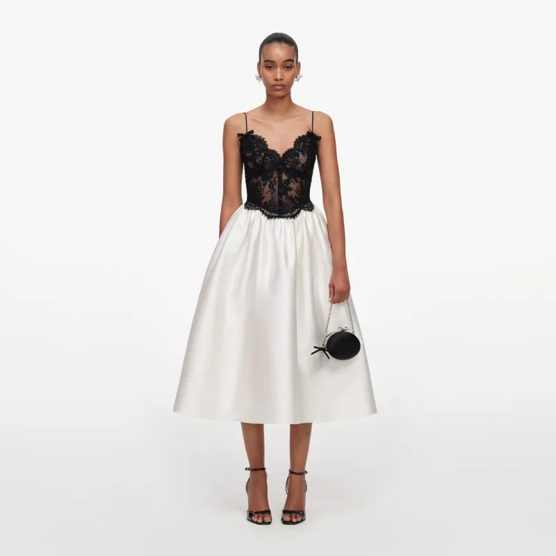 Cream Taffeta Contrast Lace Midi Dress made by Self-Portrait