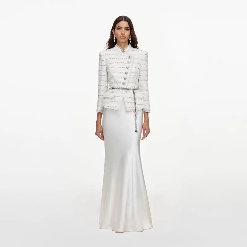 White Boucle Satin Maxi Dress made by Self-Portrait