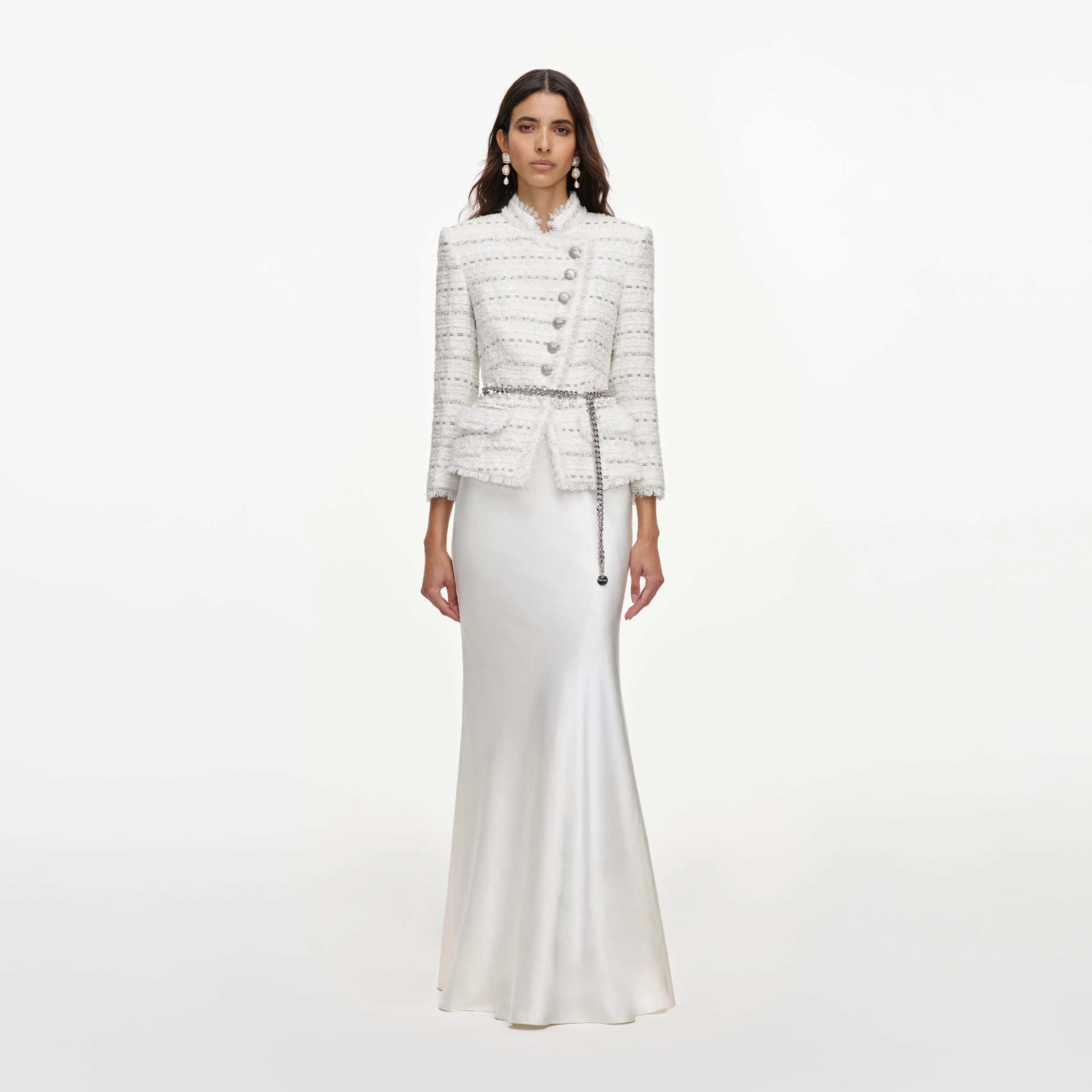 White Boucle Satin Maxi Dress sold by Self-Portrait