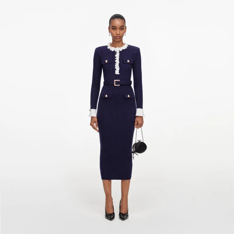 Navy Flower Rib Knit Midi Dress made by Self-Portrait