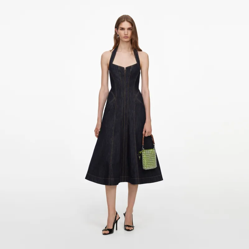 Indigo Denim Halterneck Midi Dress made by Self-Portrait
