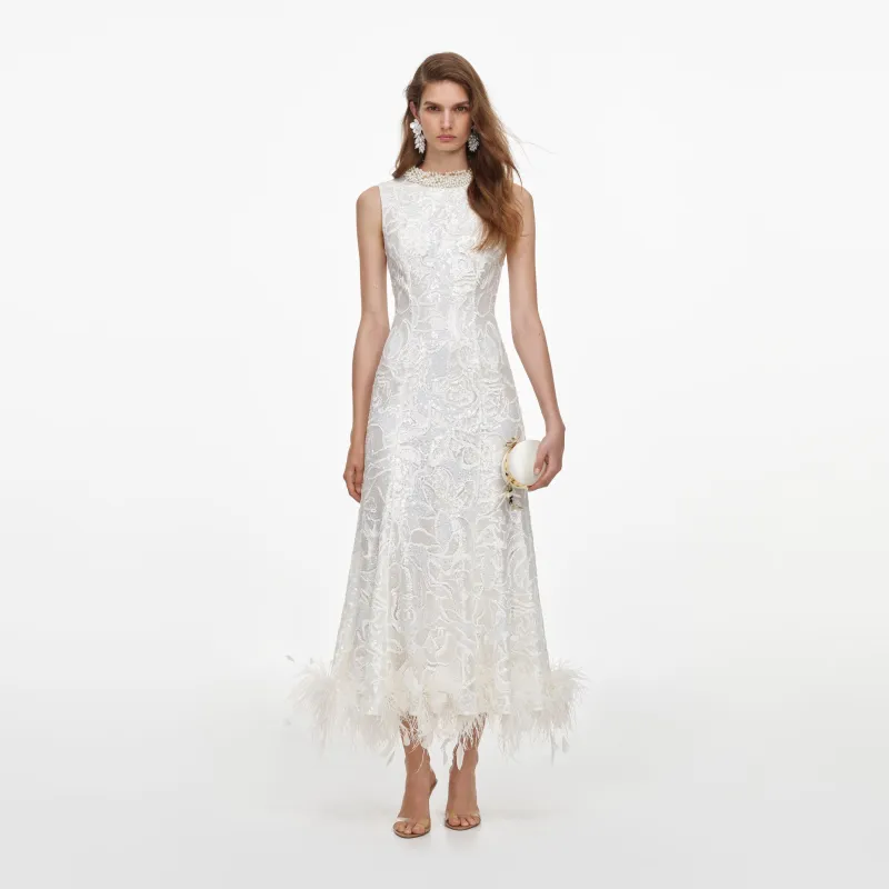 White Sequin Lace Feather Midi Dress made by Self-Portrait