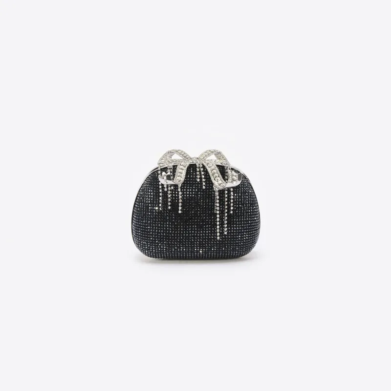 Black Satin Rhinestone Clutch Bag made by Self-Portrait