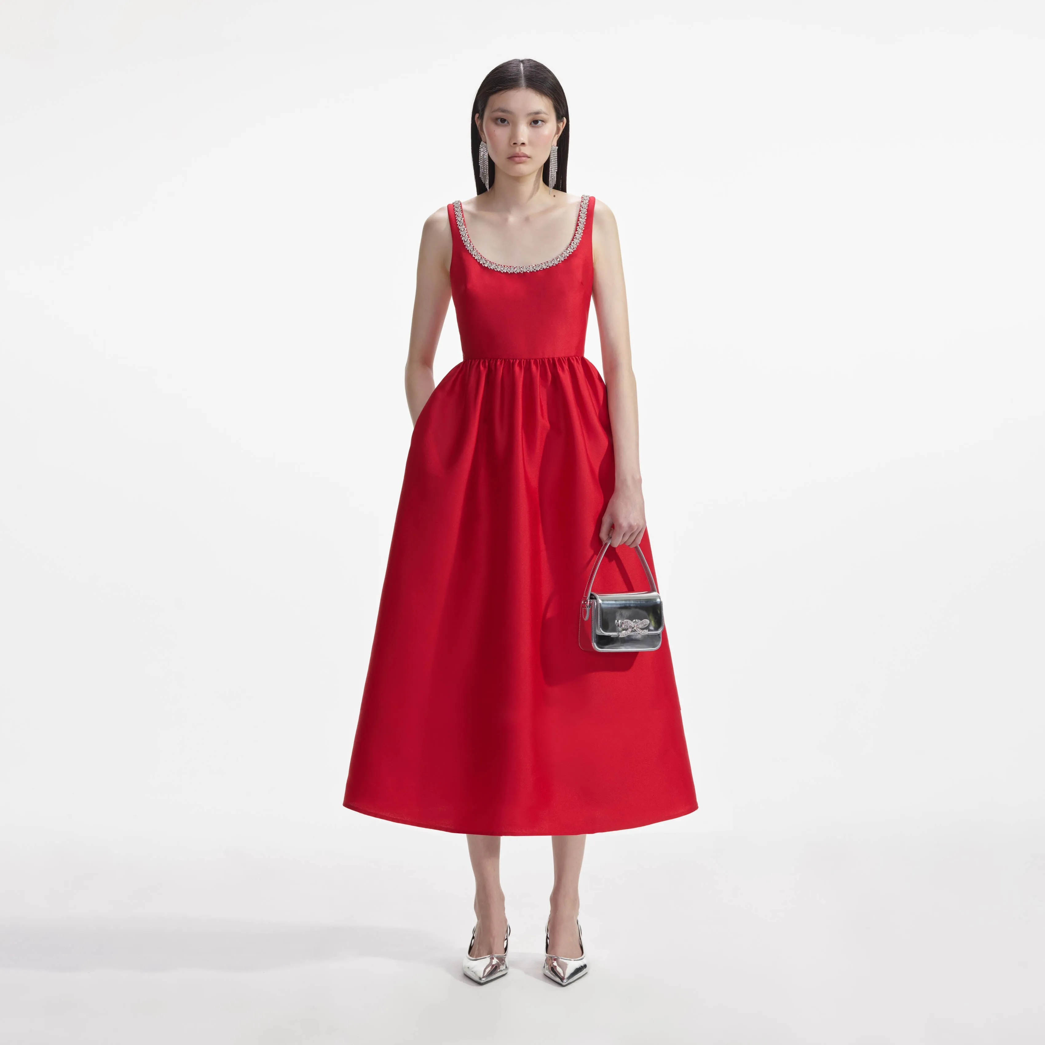 Red Taffeta Diamante Midi Dress sold by Self-Portrait