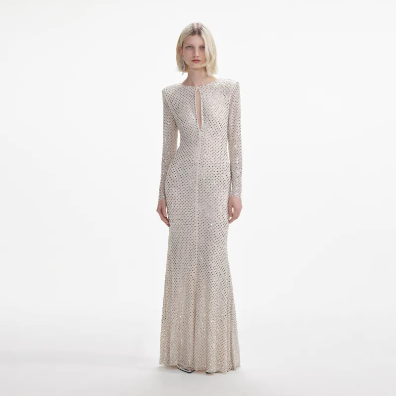 Cream Rhinestone Keyhole Maxi Dress made by Self-Portrait