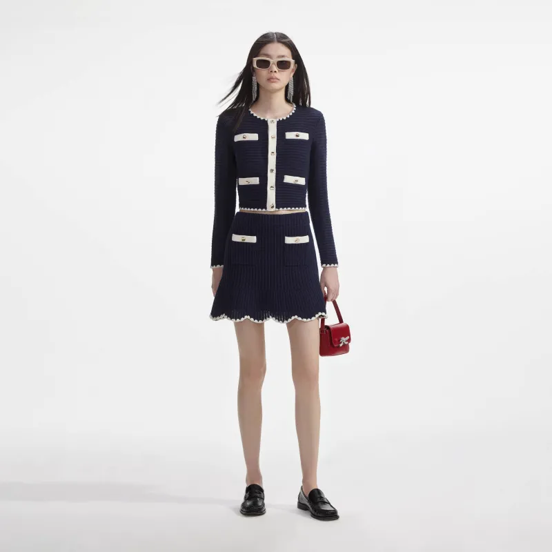 Navy Crochet Contrast Trim Mini Skirt made by Self-Portrait