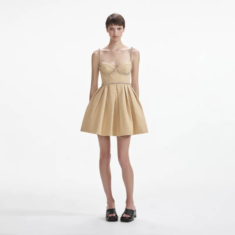 Beige Diamante Denim Mini Dress made by Self-Portrait