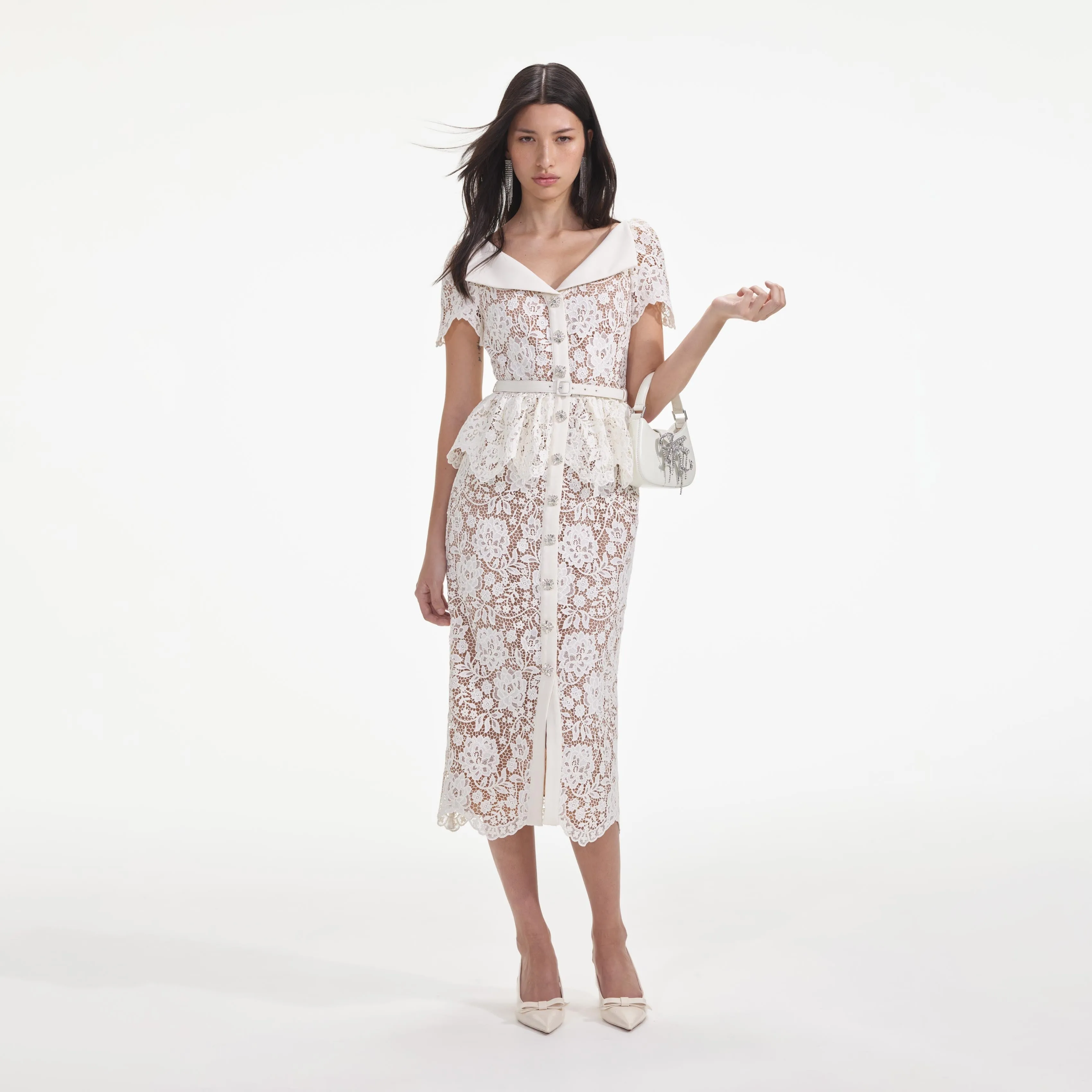 Cream Lace Peplum Midi Dress sold by Self-Portrait