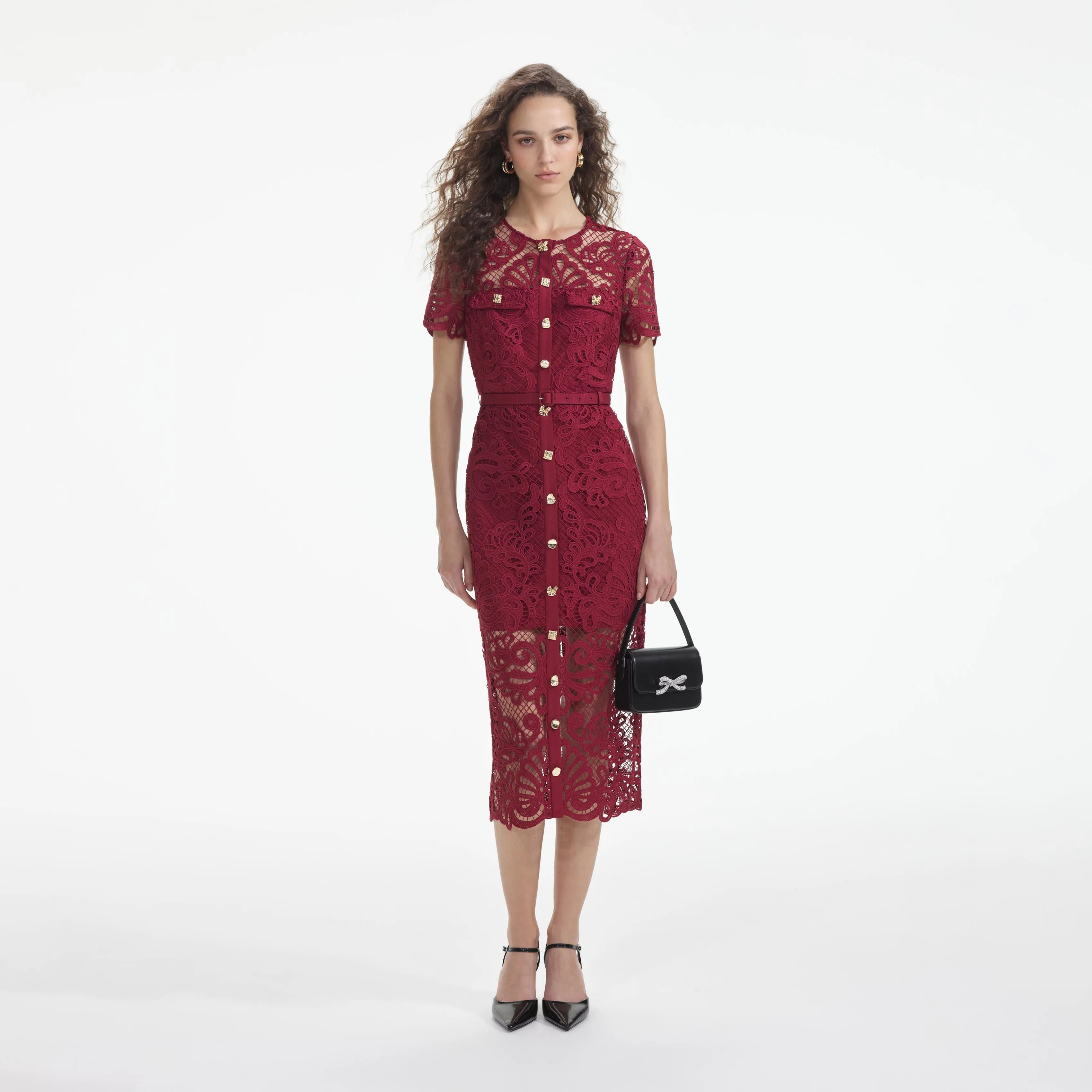 Red Guipure Lace Button Midi Dress sold by Self-Portrait product image thumbnail 2