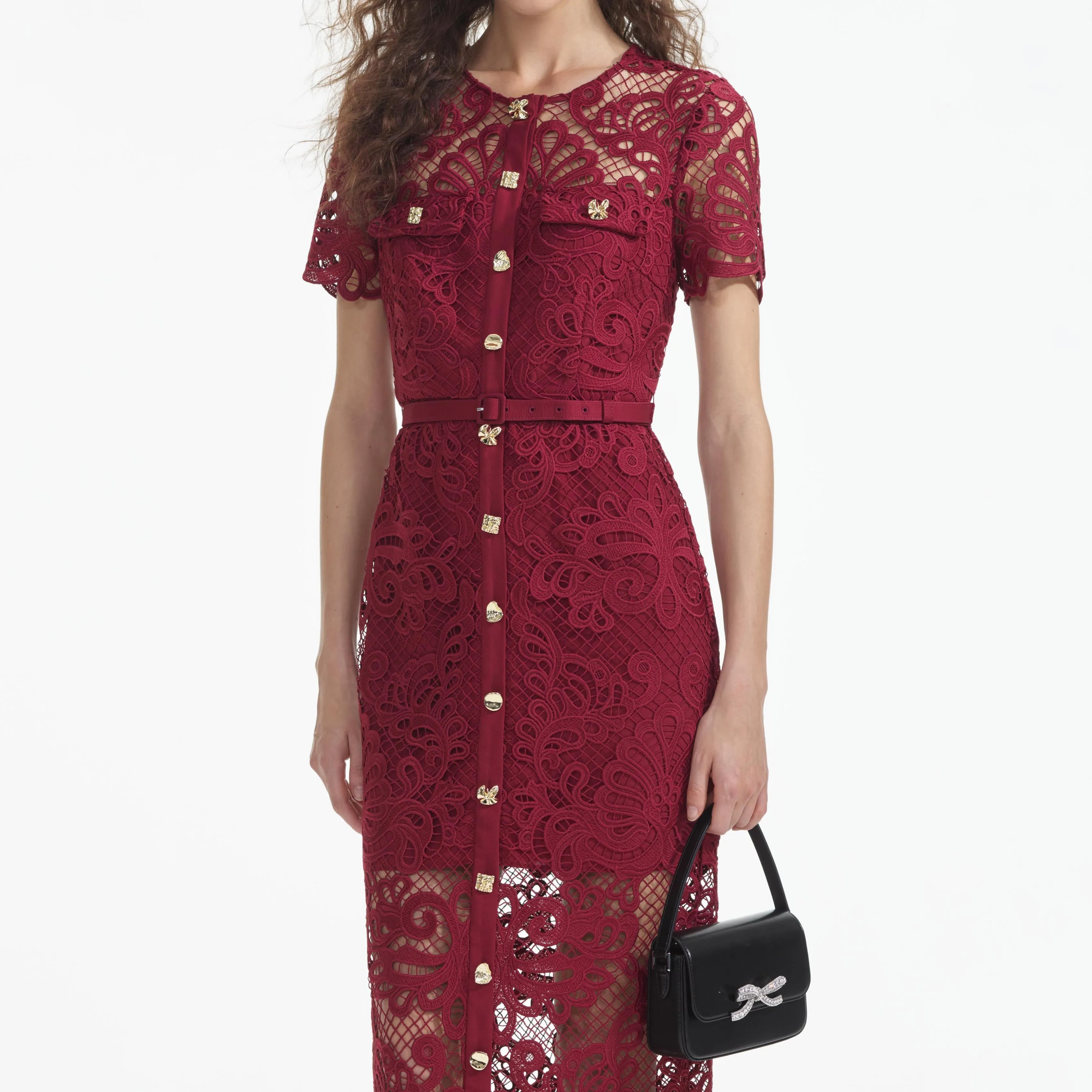 Red Guipure Lace Button Midi Dress sold by Self-Portrait product image thumbnail 4