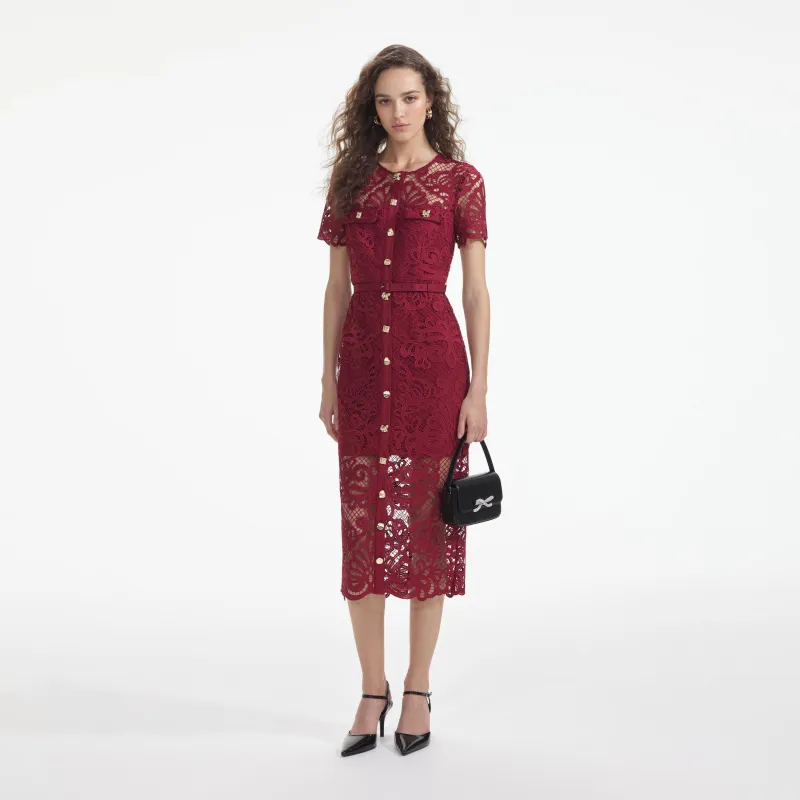 Red Guipure Lace Button Midi Dress made by Self-Portrait