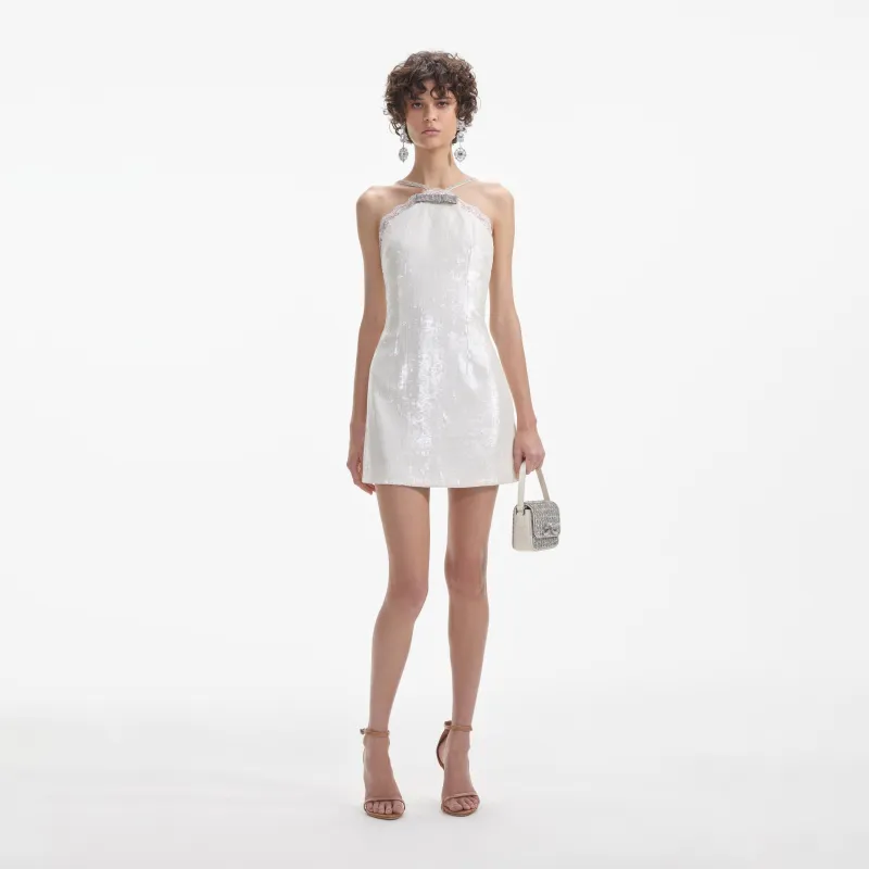 Cream Sequin Halter Mini Dress made by Self-Portrait