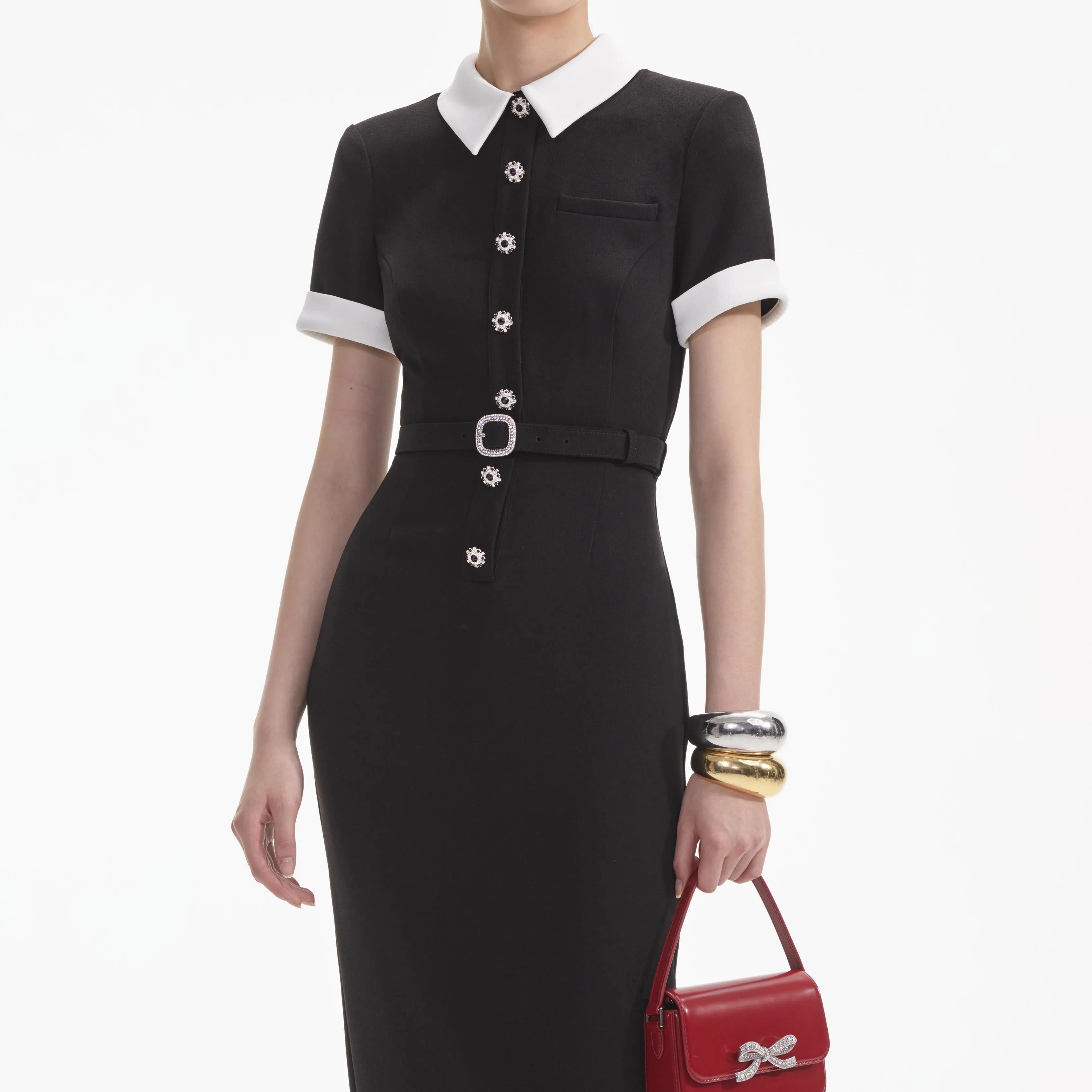 Black Crepe Contrast Midi Dress sold by Self-Portrait product image thumbnail 4