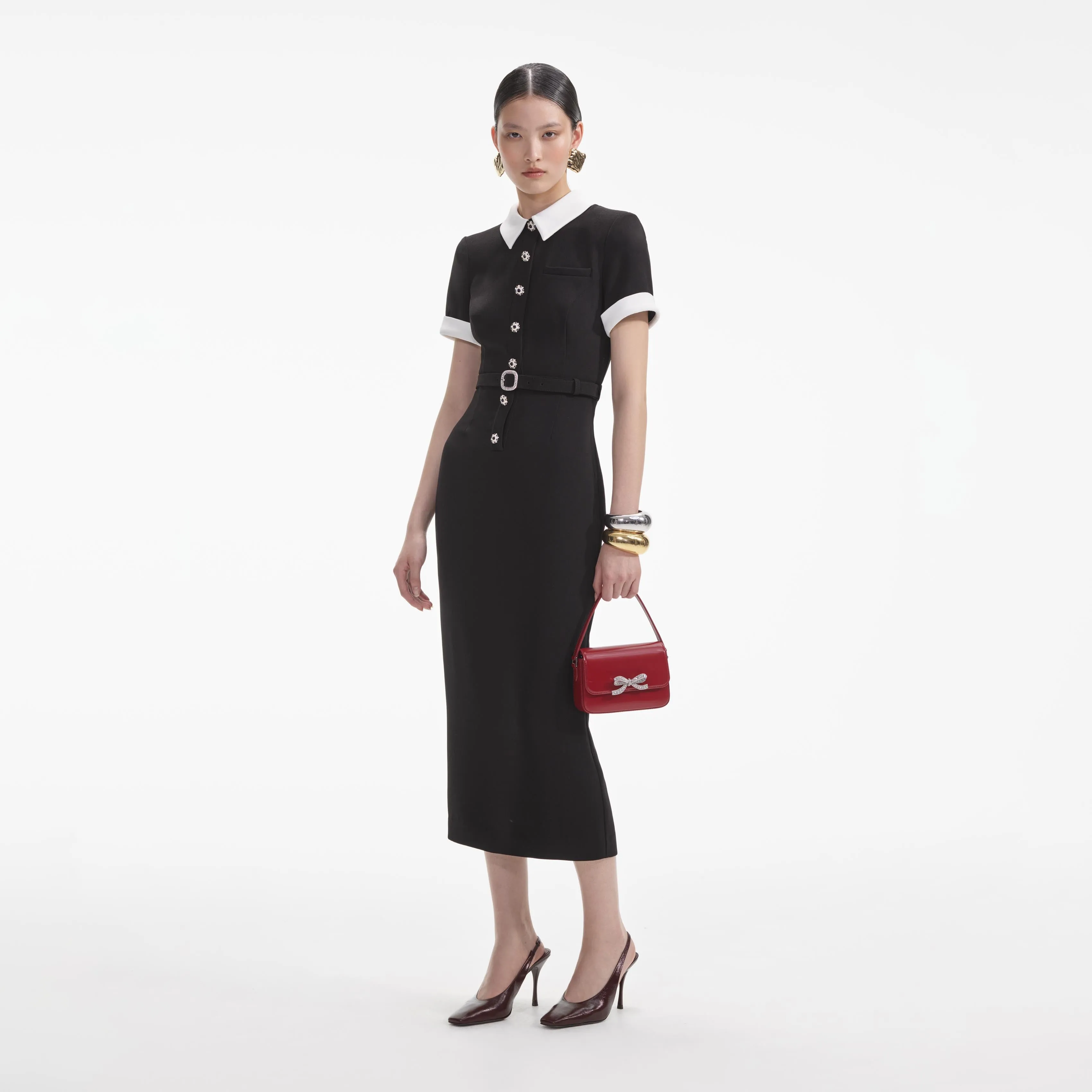 Black Crepe Contrast Midi Dress sold by Self-Portrait product image thumbnail 2