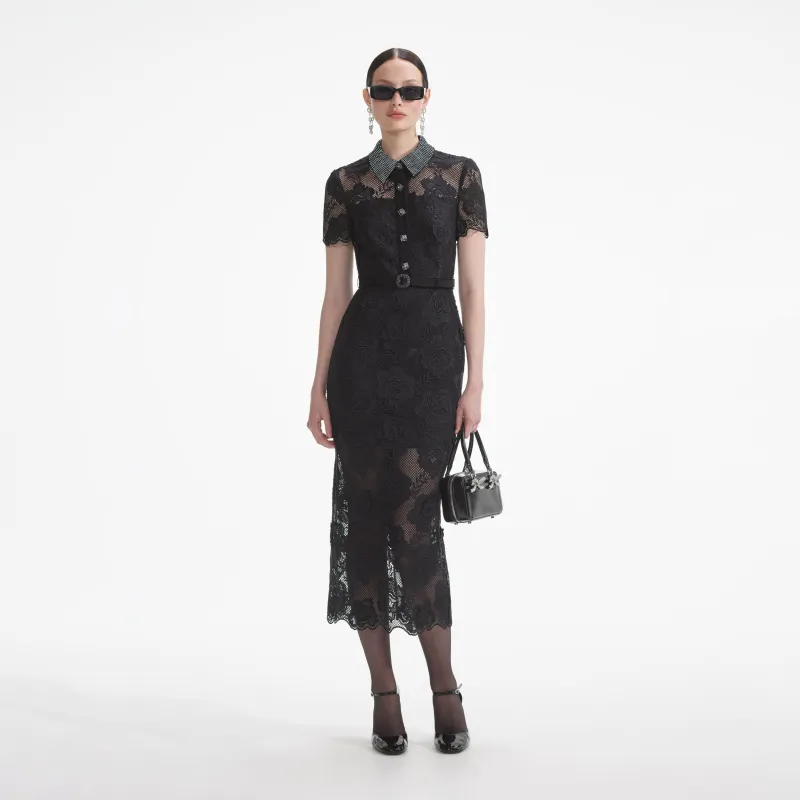 Black Lace Diamante Midi Dress made by Self-Portrait