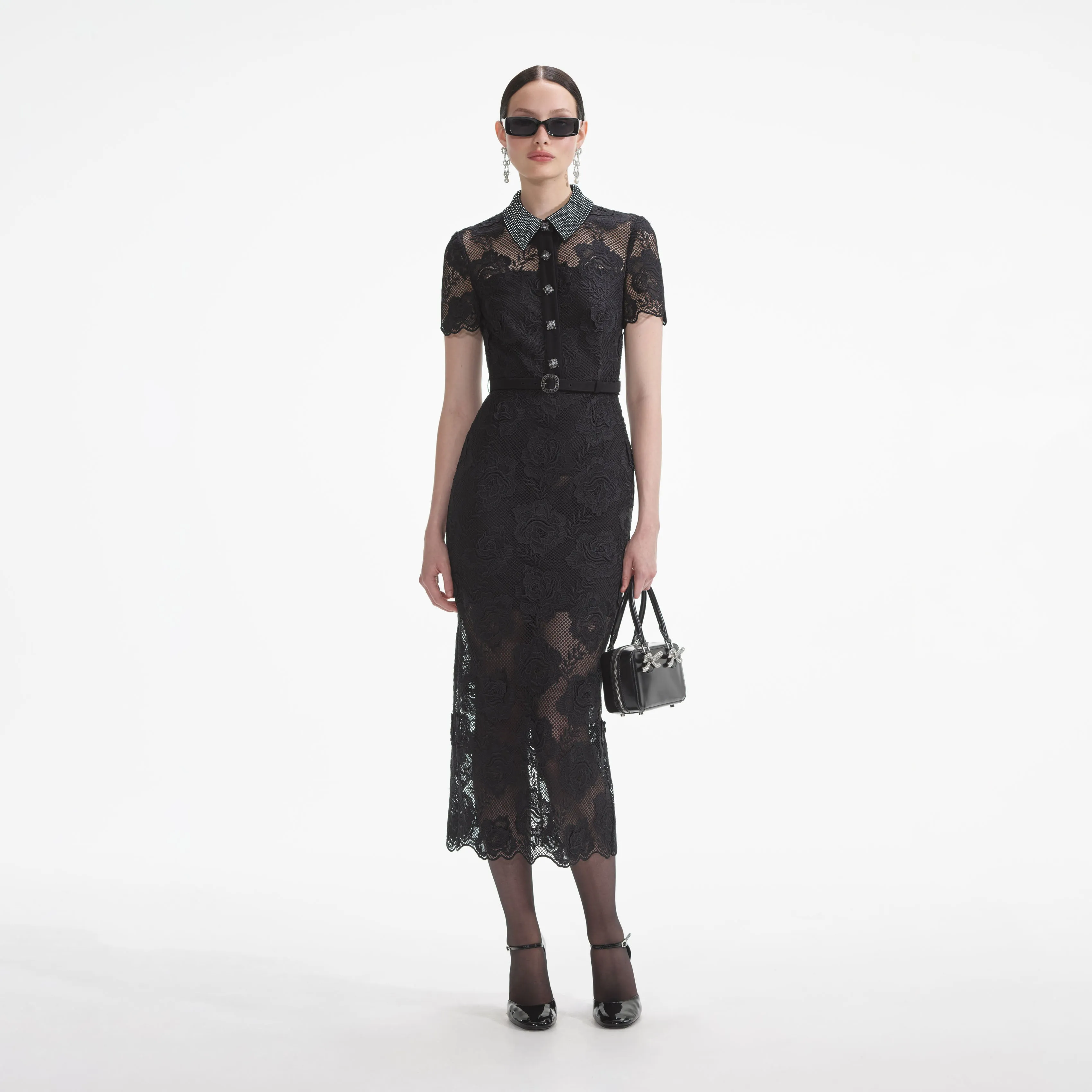 Black Lace Diamante Midi Dress sold by Self-Portrait