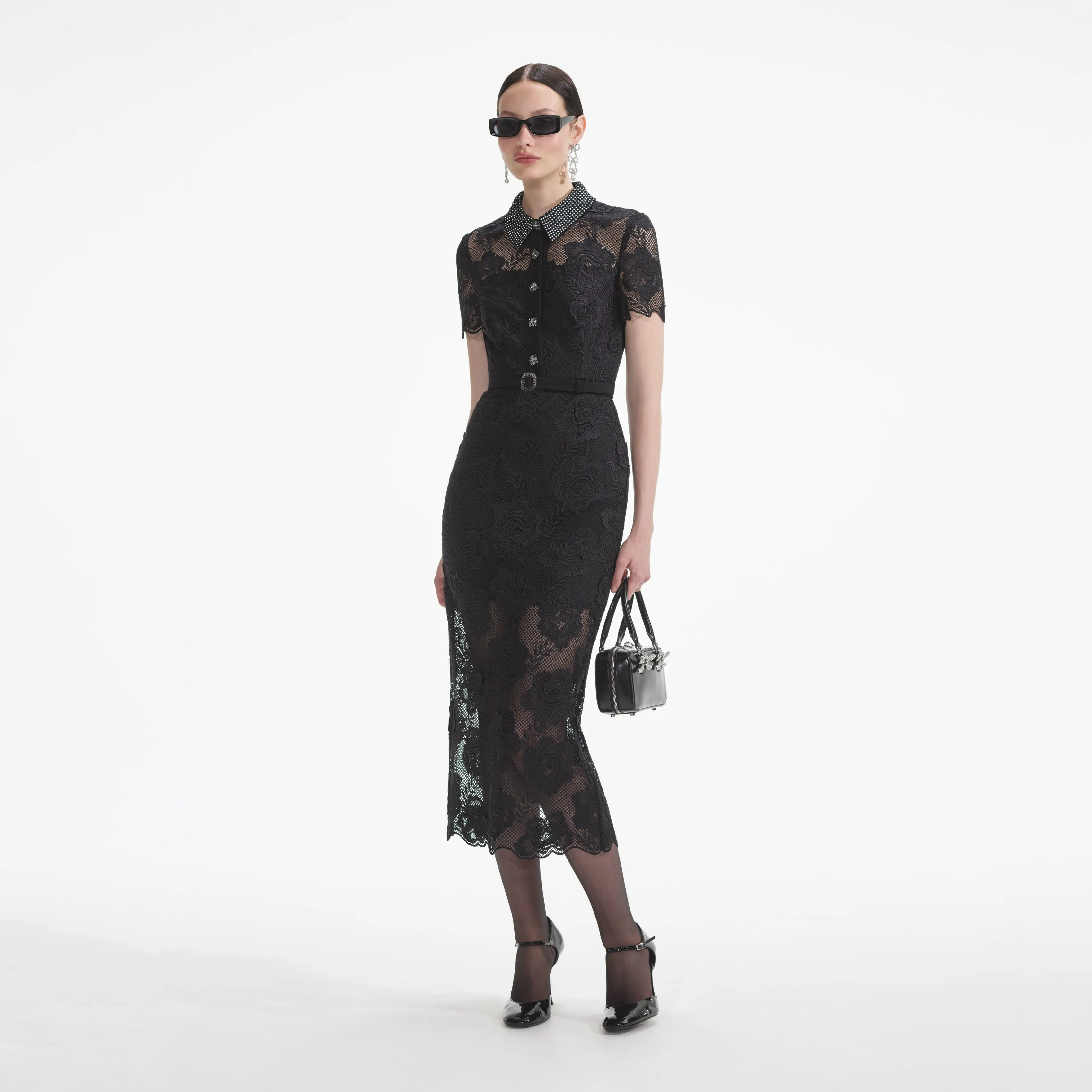 Black Lace Diamante Midi Dress sold by Self-Portrait product image thumbnail 3
