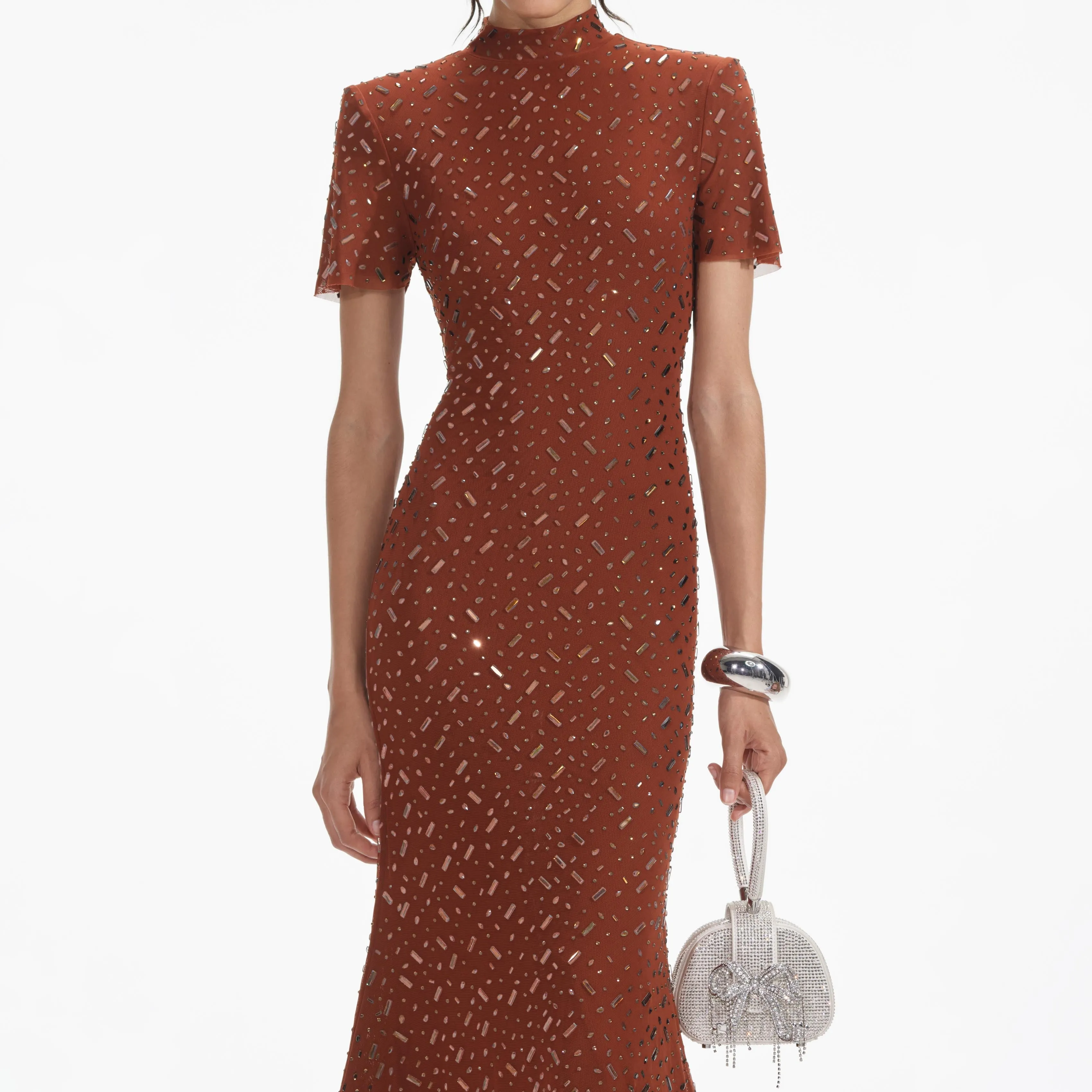 Brown Square Rhinestone Mesh Midi Dress sold by Self-Portrait product image thumbnail 4