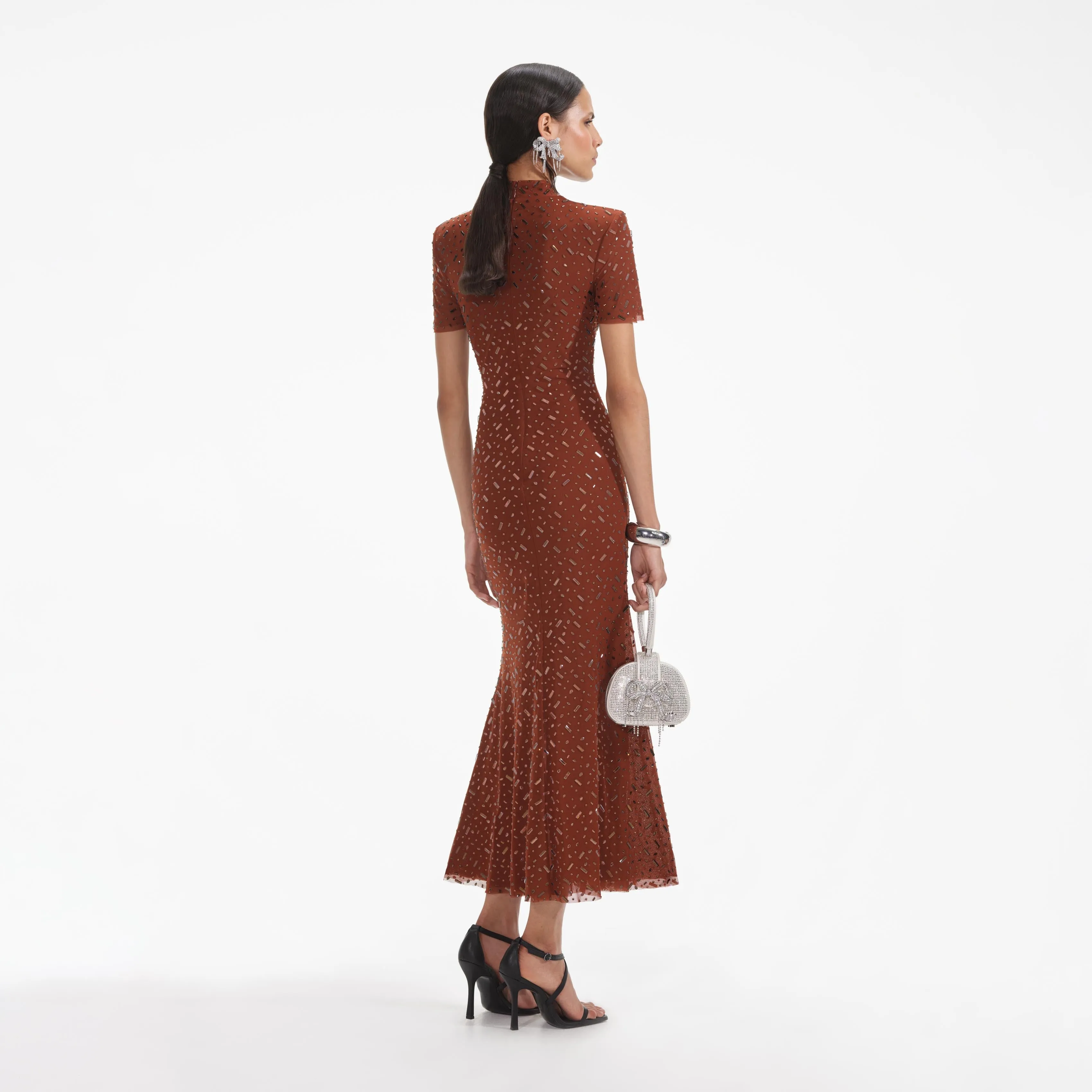 Brown Square Rhinestone Mesh Midi Dress sold by Self-Portrait product image thumbnail 3