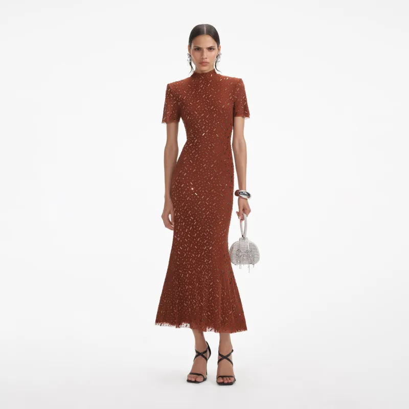 Brown Square Rhinestone Mesh Midi Dress made by Self-Portrait