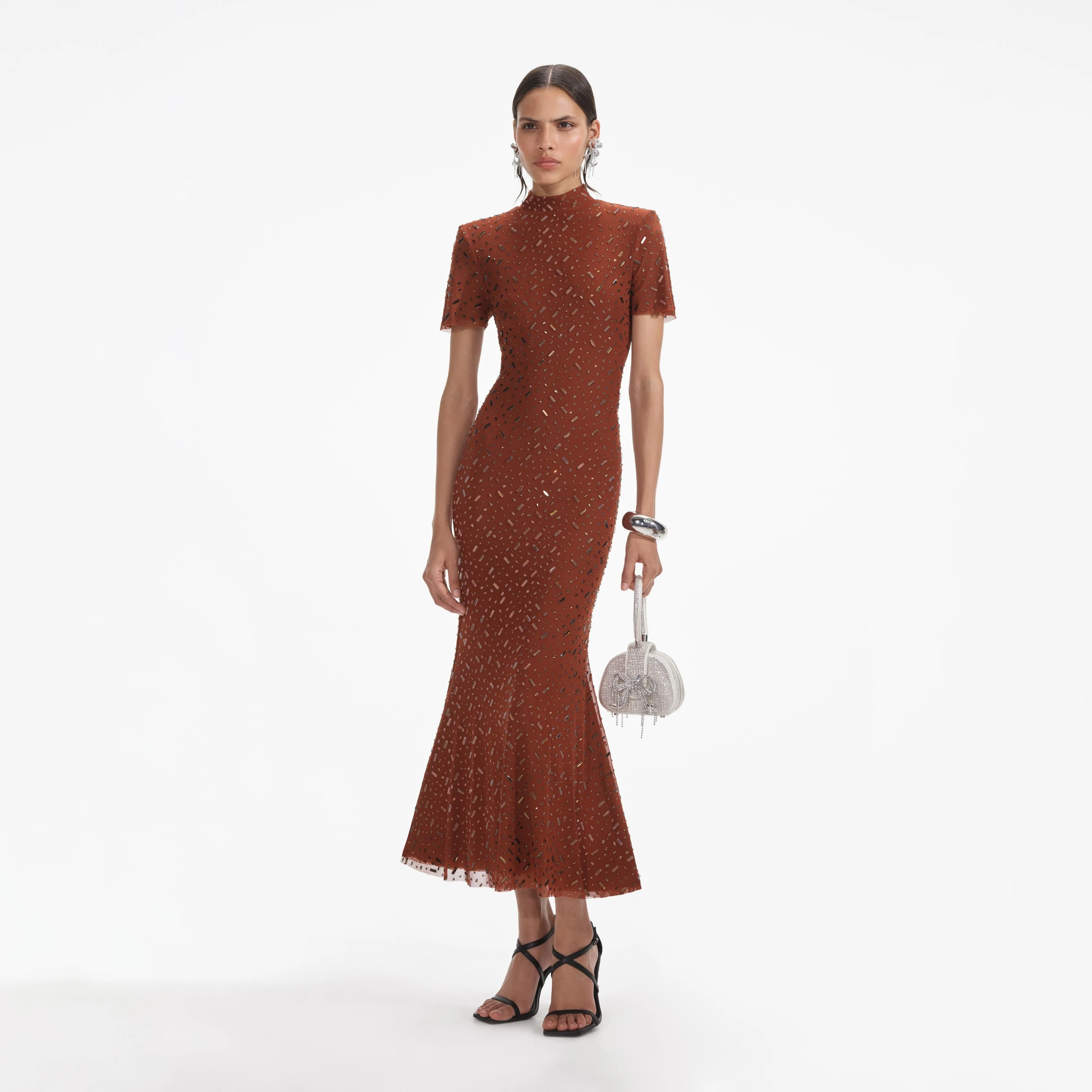 Brown Square Rhinestone Mesh Midi Dress sold by Self-Portrait product image thumbnail 2